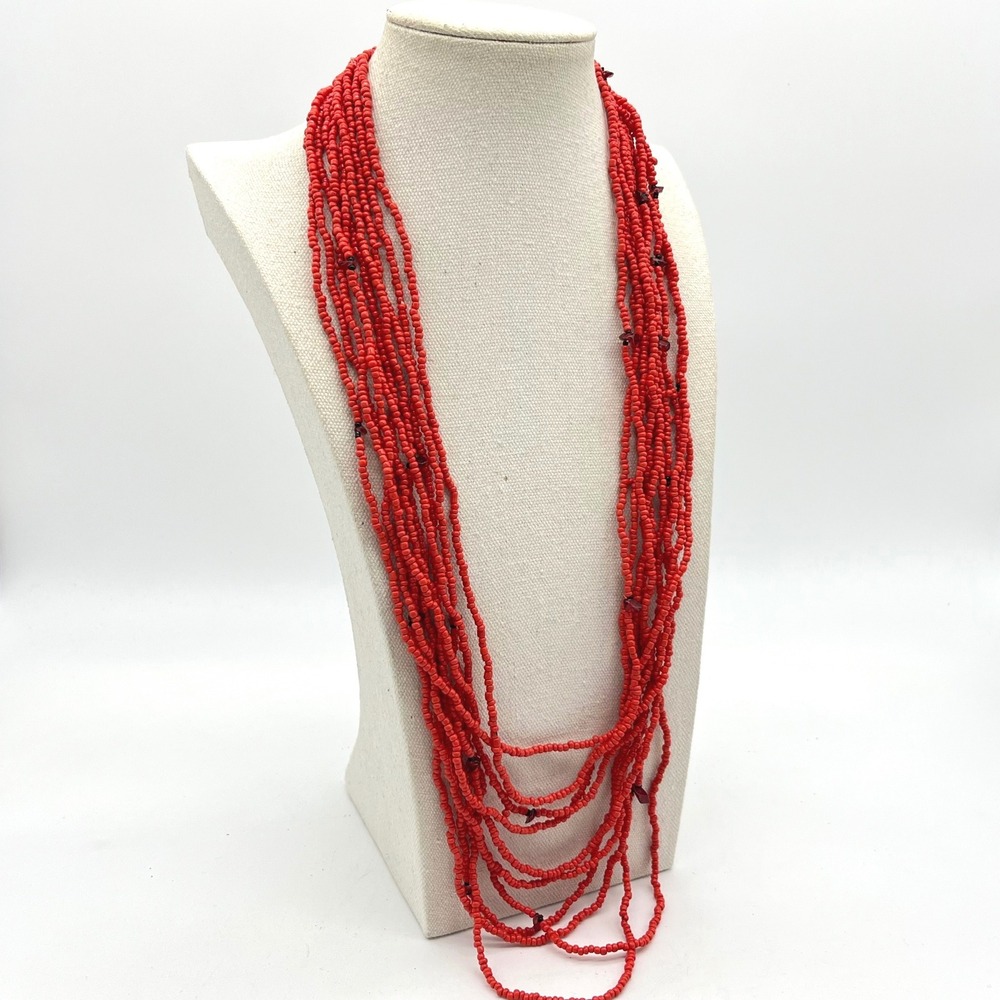 Red Multi Strand Seed Bead Statement Necklace Cascading Waterfall Boho 24 in